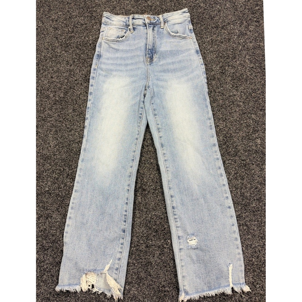 Risen Jeans Women 3/26 Light Wash Distressed Straight Leg Raw Hem RDP5184 Denim